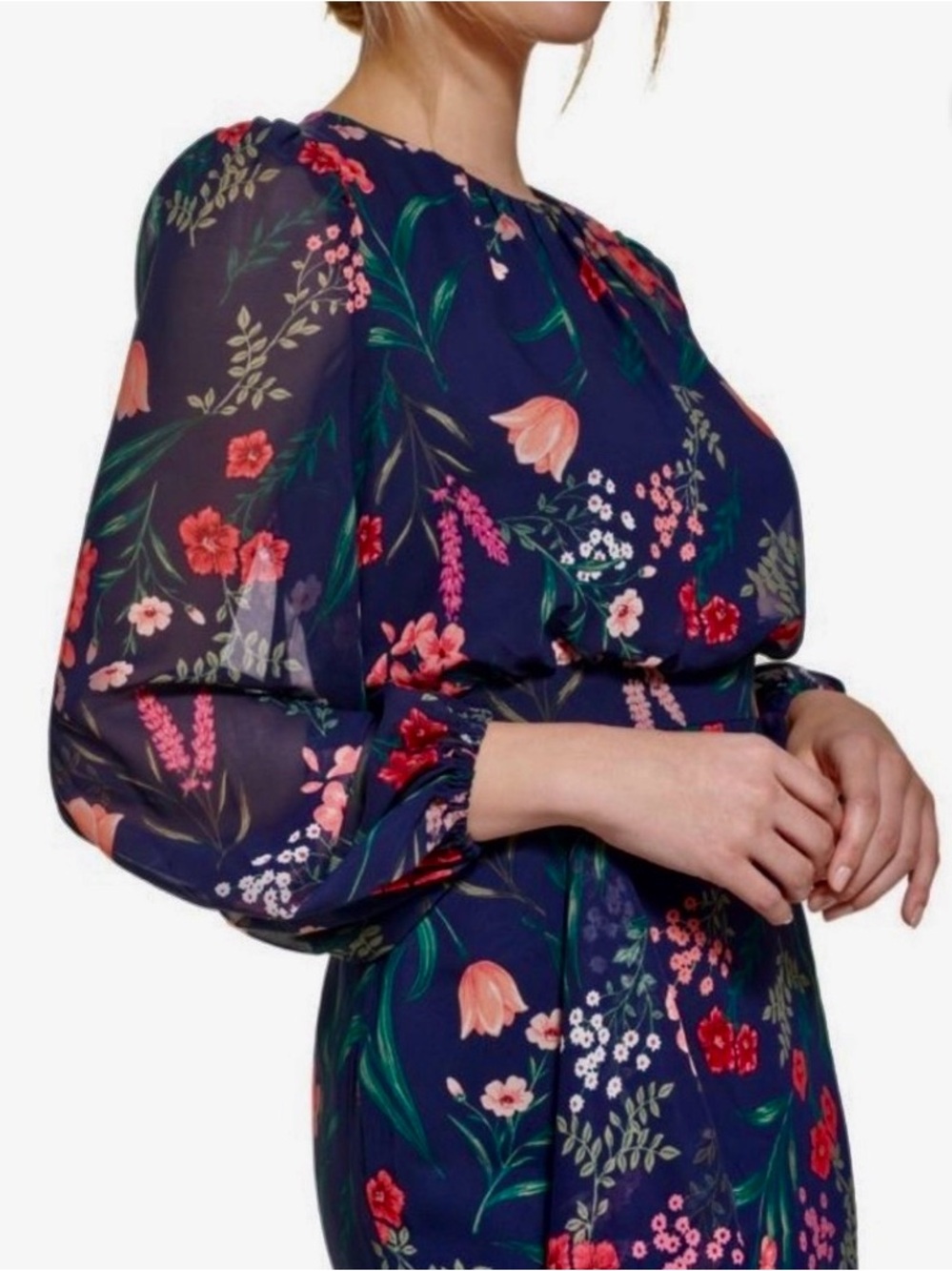 Eliza J Chiffon Floral Long Dress. Balloon long sleeve, slit, cascading ruffle 6 - Picture 2 of 16